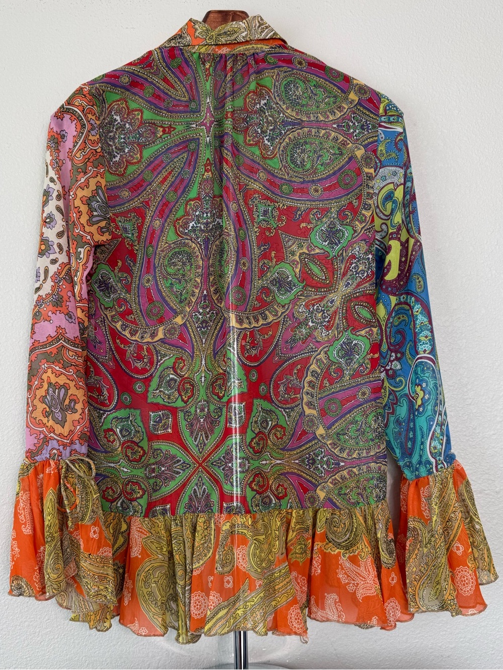 Zara Paisley Print Ruffle Blouse Boho Bell Sleeve Sheer Top Women Size S - Picture 11 of 12